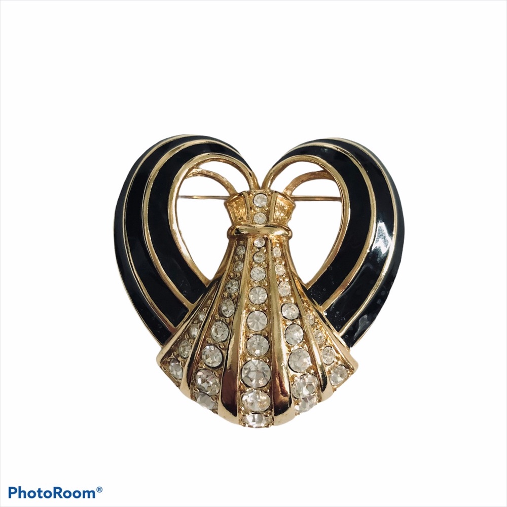 Swarovski Vintage Black & Gold Heart Enamel Pleated Pin CZ Cubic Zirconia Brooch
